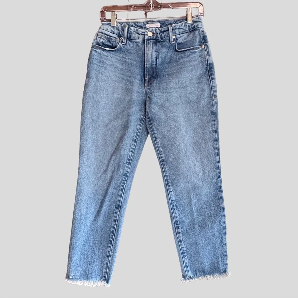 Good American Good Girlfriend Straight Leg Jeans Frayed Size 0/25 - Picture 2 of 7